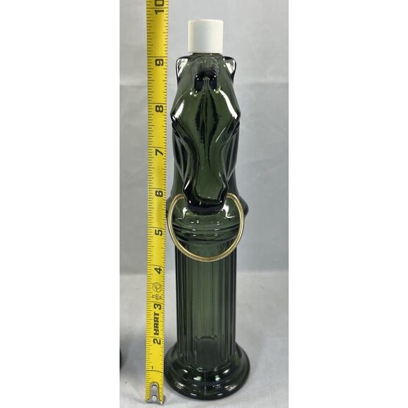 AVON Pony Post Decanter, Leather After Shave Lotion Glass Bottle, Green Lot Of 2 - Picture 8 of 13